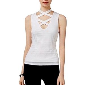 Lily Black Textured Stripe Crisscross Strappy Cut Out Caged Neck White Top Large